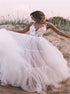 A Line V Neck Straps Tulle Appliques Wedding Dress LBQW0169